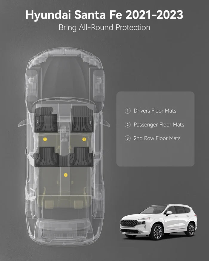 3W Floor Mats Fit 2021-2023 Hyundai Santa Fe Gas, TPE All-Weather
Custom Fit 1st & 2nd Row Liners, No Gaps No Odor, Black