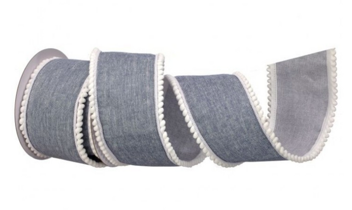 4" X5YD CHAMBRAY POMPOM RIBBON 1