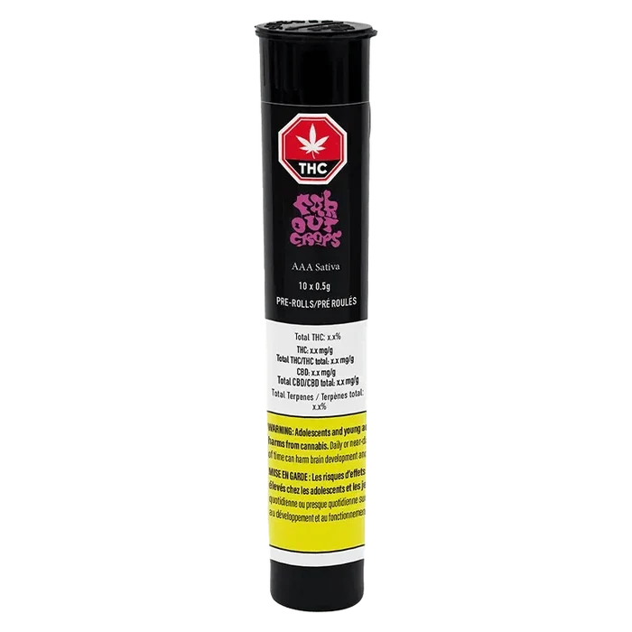 AAA Pre Rolled 10 x 0.5 g packaging with bold lettering and a vibrant green leaf design, set against a dark background.