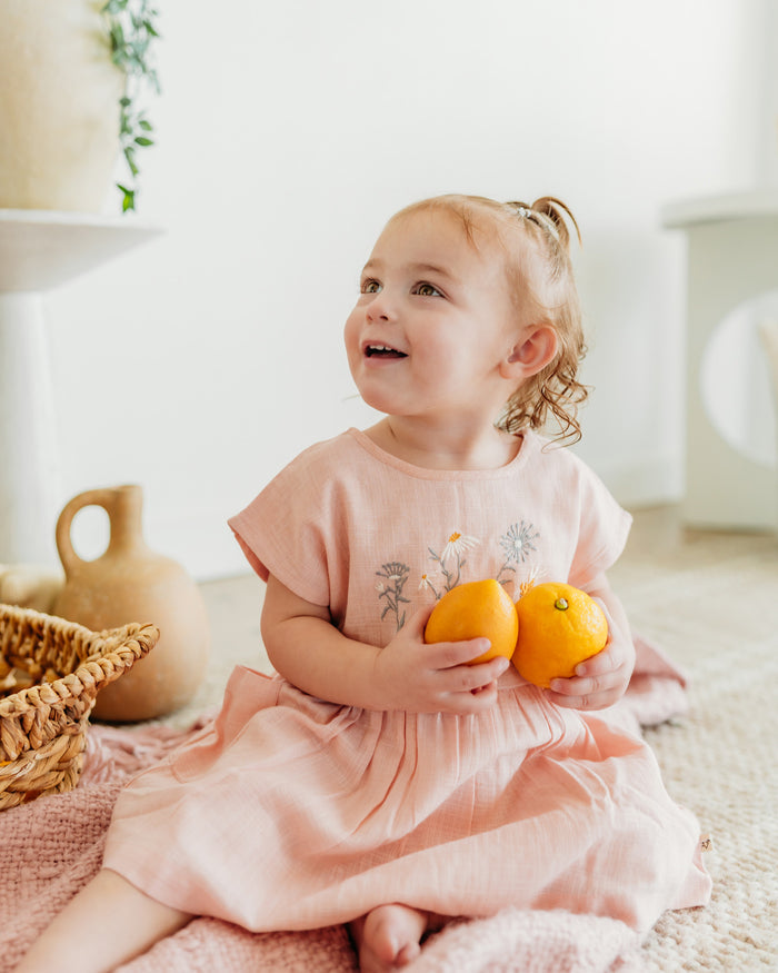 Alicia Embroidered Daisy Baby Dress + Bloomer (Natural Linen Blend)