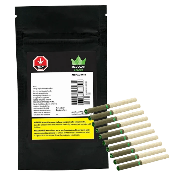 A close-up, angled shot of the Animal Rntz Redees Pre Rolled 10 x 0.4 g packaging, displaying bold branding against a dark background.
