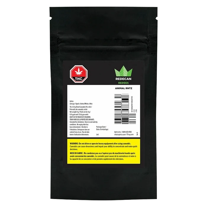 Close-up of the Animal Rntz Redees Pre Rolled 10 x 0.4 g package, displaying warning text on a black background.
