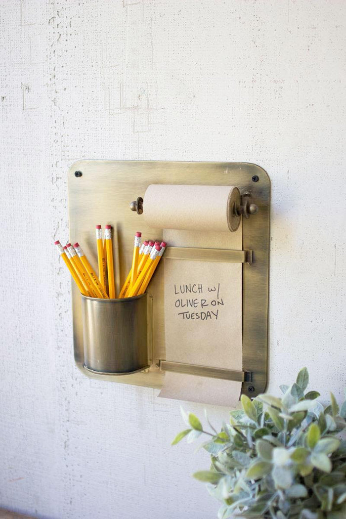 Antique Brass Hanging Note Roll and Pen Cup