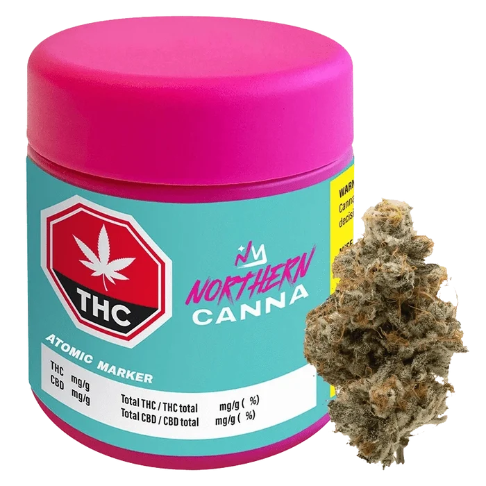 Close-up of the Atomic Marker product label with a bright red and white design featuring cannabis leaf graphics.