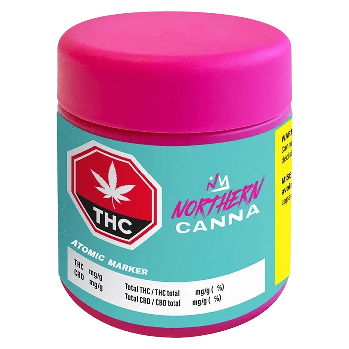 Front view of the Atomic Marker, featuring a dark background and a green and white label with a cannabis leaf symbol.