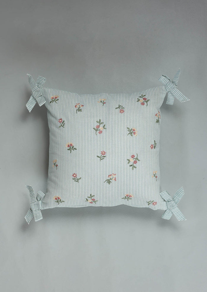 Belle Teal Embroidered 100% Cotton Cushion Cover For Sofa