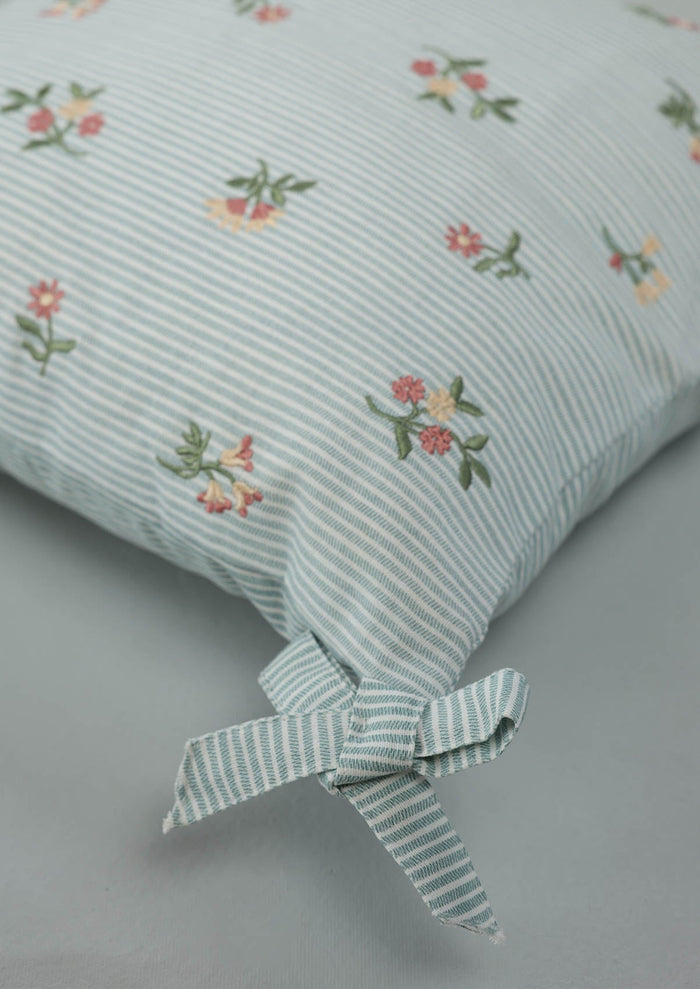 Belle Teal Embroidered 100% Cotton Cushion Cover For Sofa