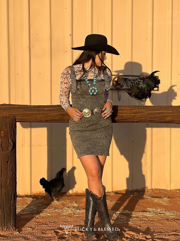 Black Wash Denim Buckle Strap Dress