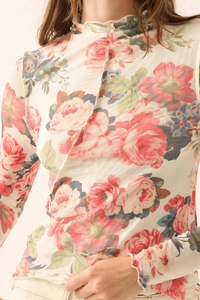 Blooming Heart Floral Mesh Exposed-Seam Top - ShopPromesa