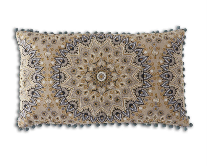 Blue & Cream Embroidered Mandala Pillow with Pom Pom