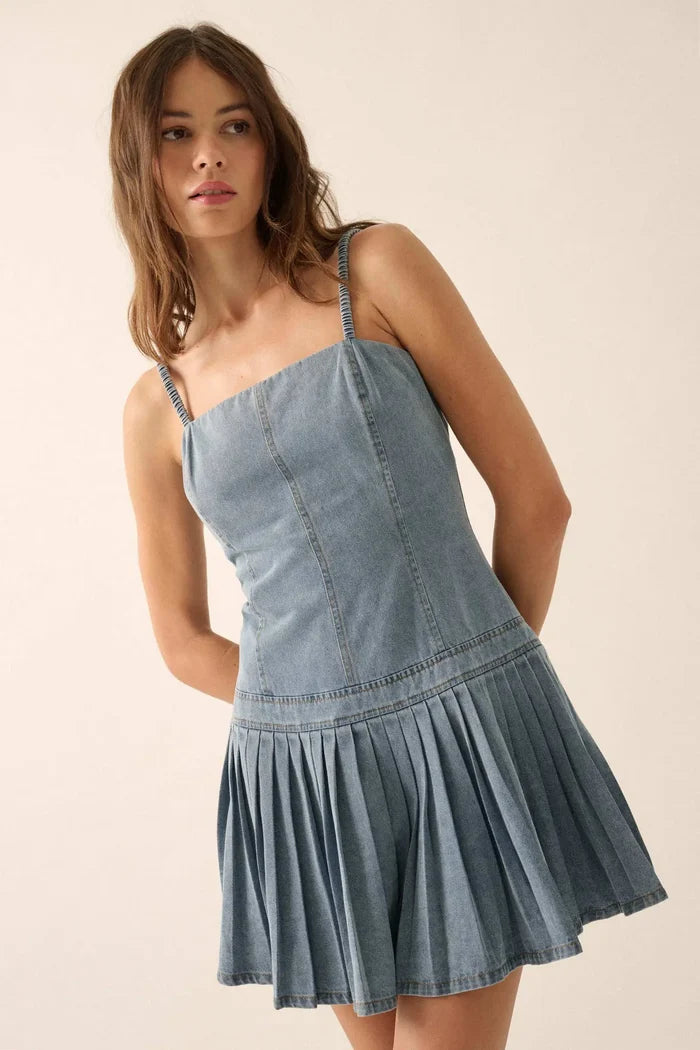Blue Me Away Denim Drop-Waist Cami Mini Dress - ShopPromesa