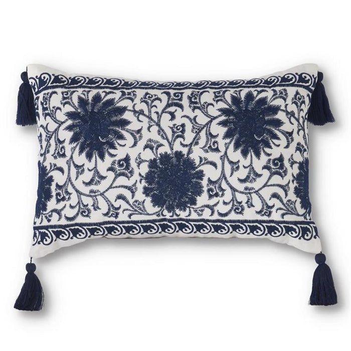 Blue & White Embroidered Mandala Pillow