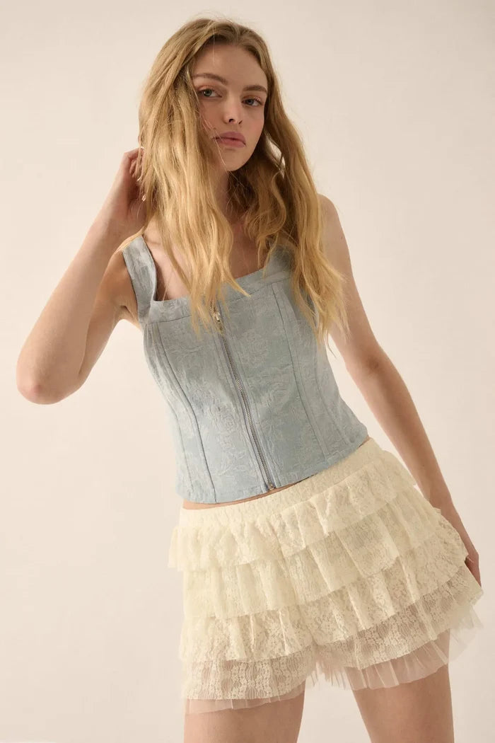 Burst of Blue Floral Jacquard Denim Corset Top - ShopPromesa