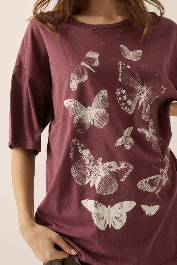 Butterfly Kisses Oversize Distressed Graphic Tee - ShopPromesa