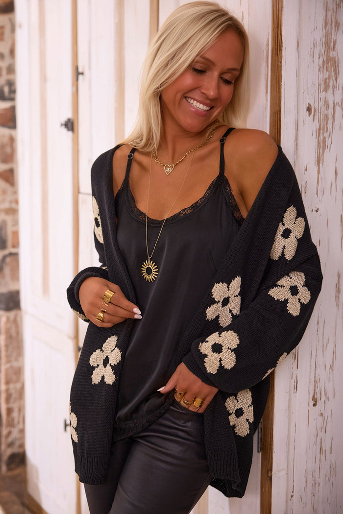 Cardigan ample tricoté noir à imprimé floral *-A WOMAN WE LOVE