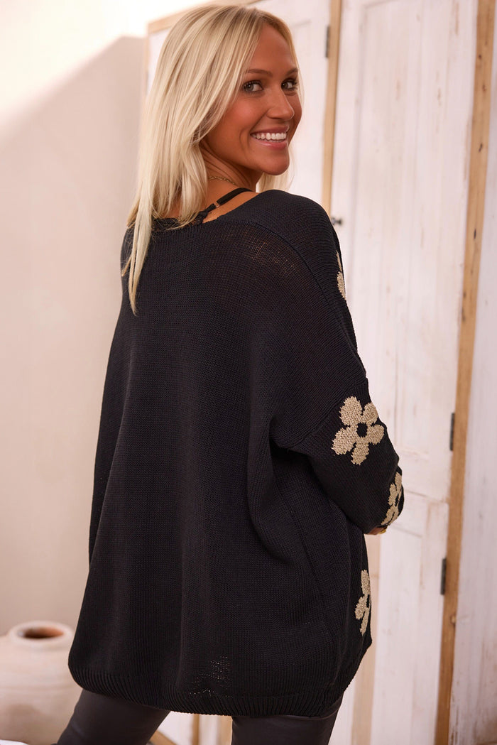 Cardigan ample tricoté noir à imprimé floral *-A WOMAN WE LOVE