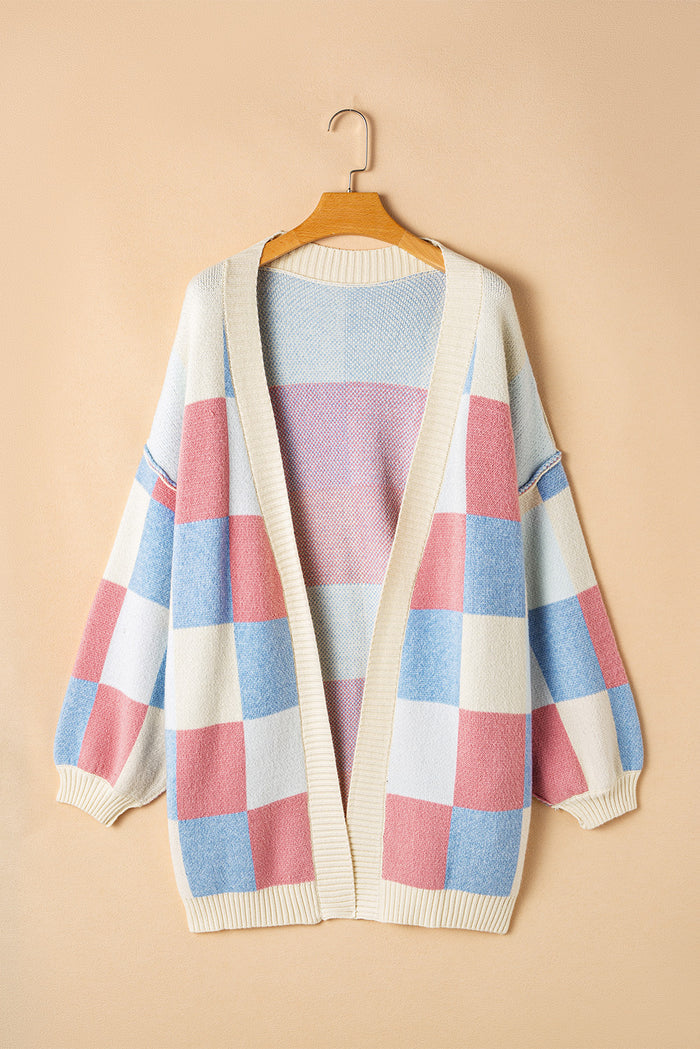 Cardigan bleu clair à carreaux, épaules tombantes, coutures apparentes, ouvert sur le devant-A WOMAN WE LOVE