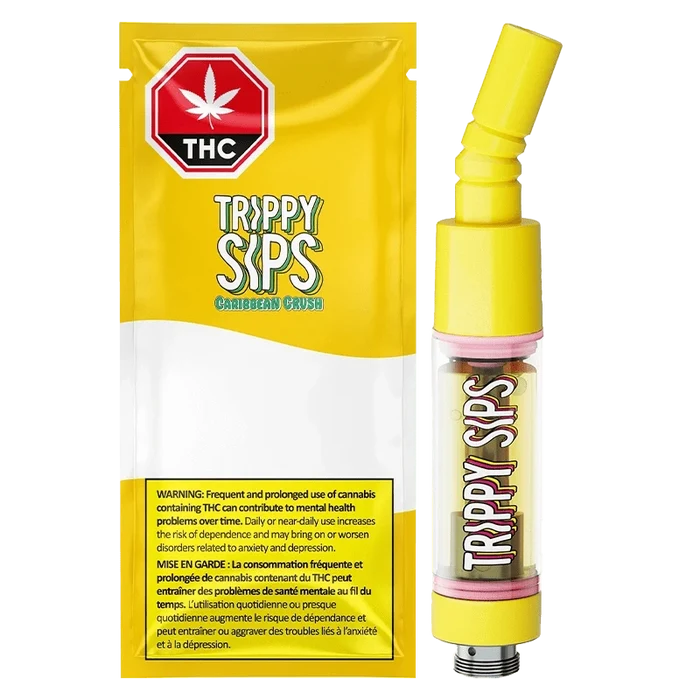 Front view of the Caribbean Crush-Liquid Diamond Vape Cartridge with a stark white background and vibrant text labels.