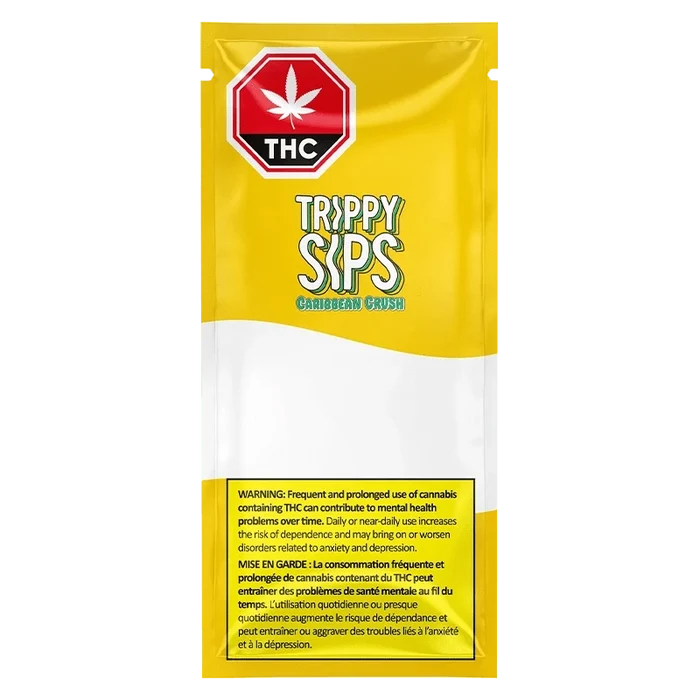 Front view of the Caribbean Crush Liquid Diamond Vape Cartridge packaging displays a warning against frequent use.