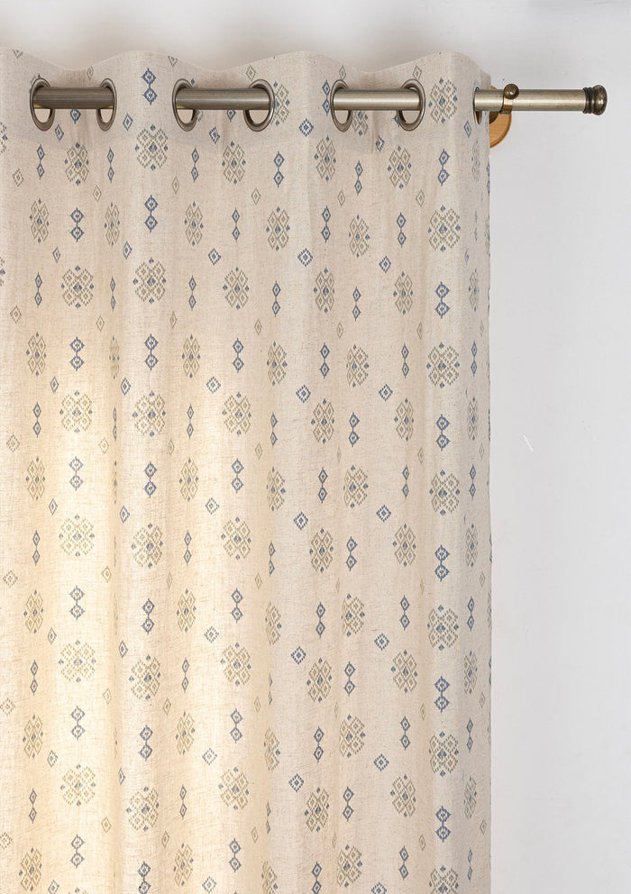 Casara Green Geometric Printed 100% Cotton Linen Curtain For Living Room | Light Reduction - Single Piece