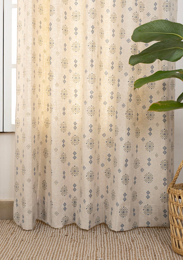 Casara Green Geometric Printed 100% Cotton Linen Curtain For Living Room | Light Reduction - Single Piece