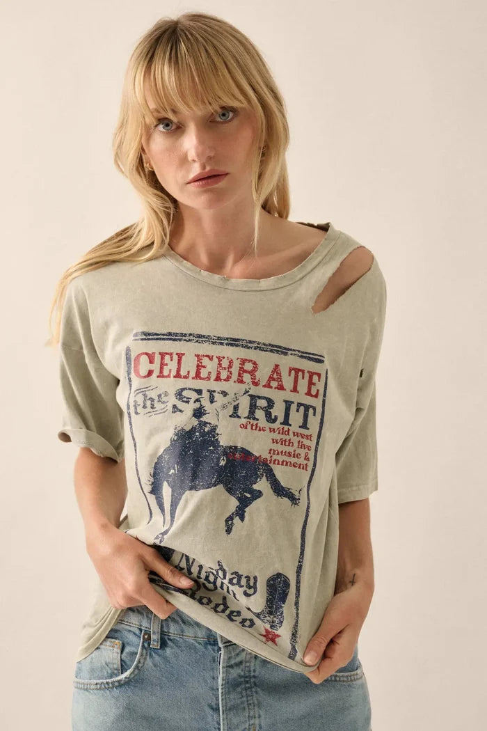 Celebrate the Spirit Slashed Western Graphic Tee - ShopPromesa