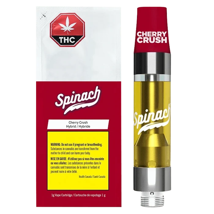 Close-up of the Cherry Crush Vape Cartridge with a white label and gold text, angled against a dark background.