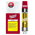 Close-up of the Cherry Crush Vape Cartridge with a white label and gold text, angled against a dark background.