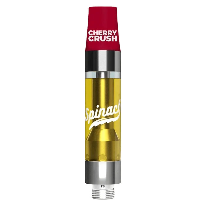 Close-up studio shot of the Cherry Crush Vape Cartridge, featuring a metallic and clear glass construction.