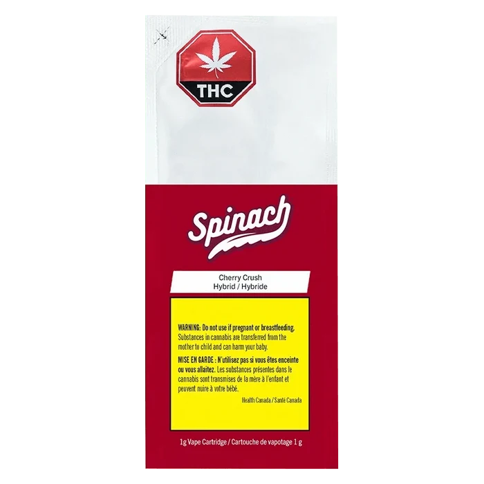 Front view of the Cherry Crush Vape Cartridge packaging against a black backdrop, displaying product details in white text.