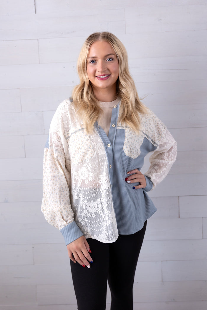 Contrast Ribbed Knit and Lace Shacket Jacket Blue