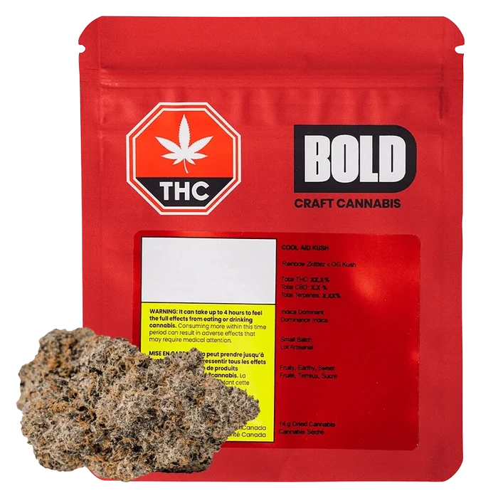 Front view of the Cool Aid Kush packaging with bold black and white graphics, displaying THC content information.