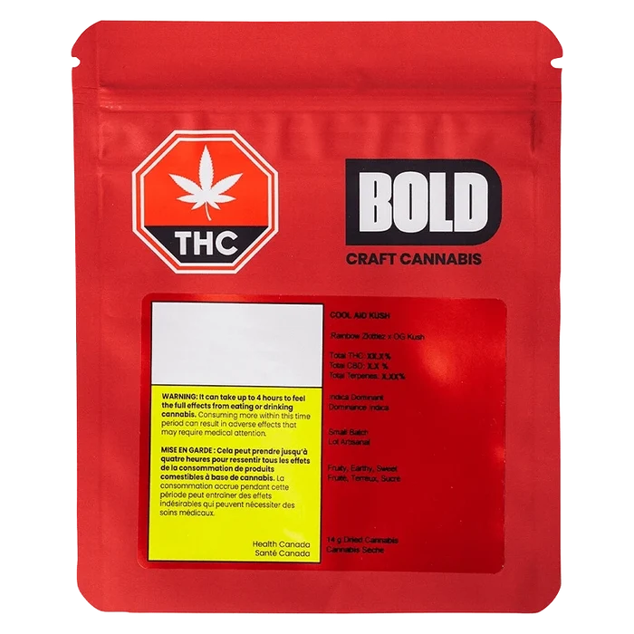 Close-up of the Cool Aid Kush package, with bold lettering on a black background displaying THC and cannabis details.