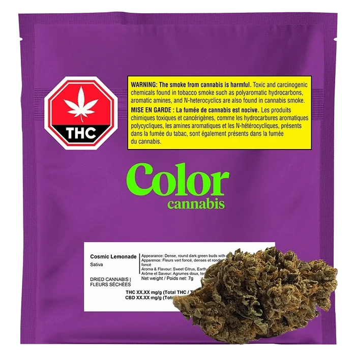 Close-up of the “Cosmic Lemonade” packaging with a warning label in both English and French against the dangers of smoking.