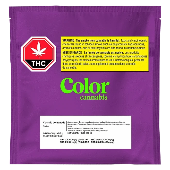 Front view of the “Cosmic Lemonade” packaging with a warning label in French, emphasizing potential hazards.