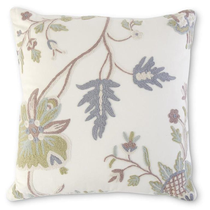 Cream Pillow with Blue Pink & Tan Hand Embroidered Floral