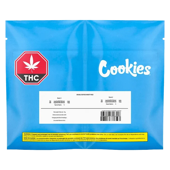 Close-up of the Double Stuffed Variety Pack packaging with text details and a cannabis leaf logo on a dark background.