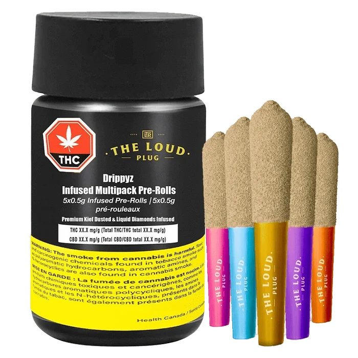 A close-up of the Drippyz Multipack Infused Pre Rolled 5 x 0.5 g, showing colorful pre-rolls against a black background with product information.