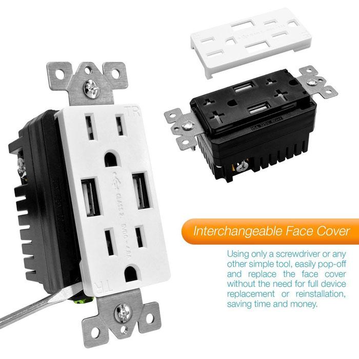Enerlite 61501-TR2USB-CC-W Interchangeable Face Plate (Dual Usb 4.8a, Duplex Receptacle 15a) White - Ready Wholesale Electric Supply and Lighting