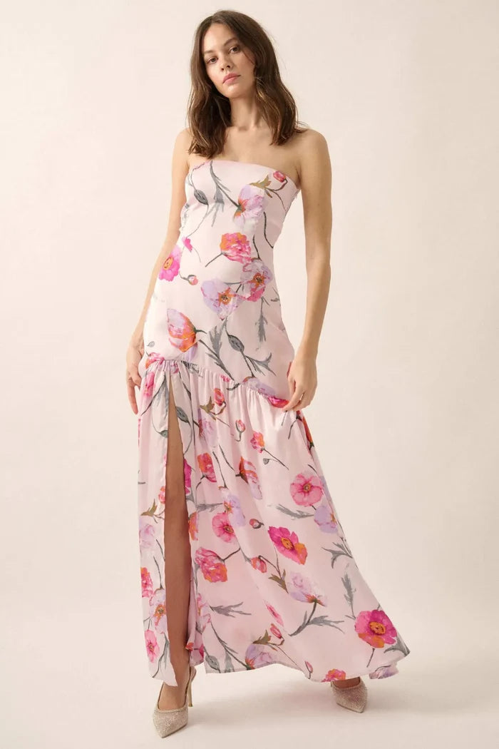 Eternal Spring Floral Satin Strapless Maxi Dress - ShopPromesa
