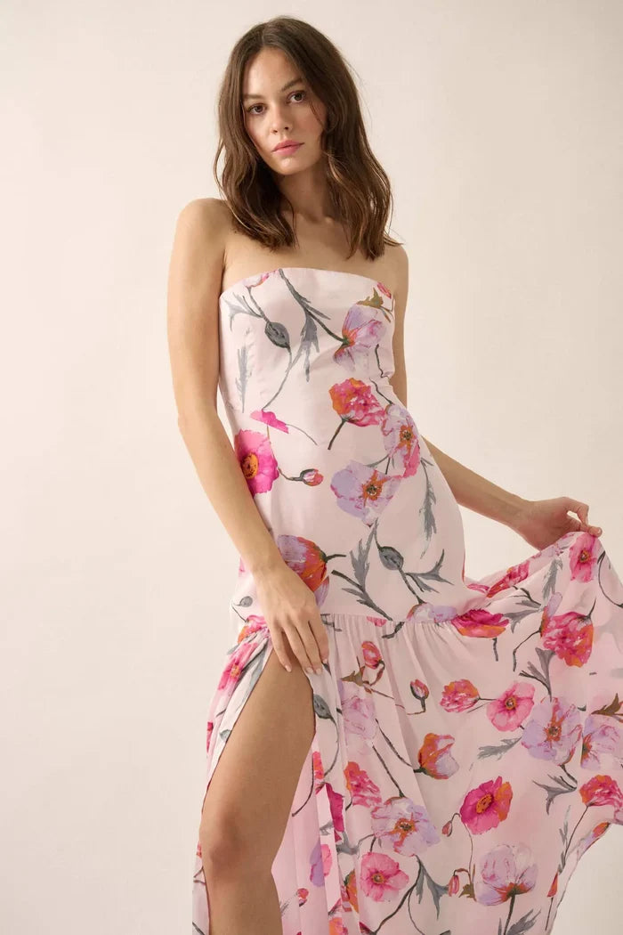 Eternal Spring Floral Satin Strapless Maxi Dress - ShopPromesa