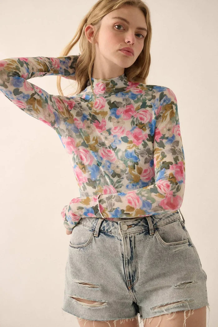 Fresh Picked Floral Mesh Mock-Neck Thumbhole Top - ShopPromesa