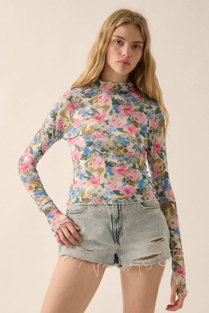 Fresh Picked Floral Mesh Mock-Neck Thumbhole Top - ShopPromesa