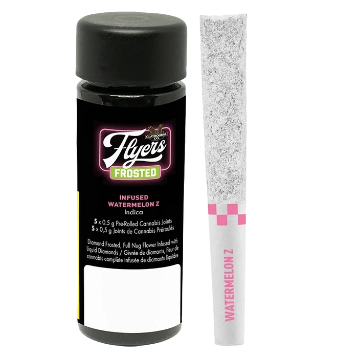 Front view of the Frosted Flyers Watermelon Z Infused PR, showcasing a vibrant, vertically-oriented package design.
