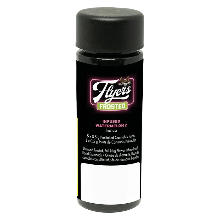 Front view of the Frosted Flyers Watermelon Z Infused Pre Rolled package, showcasing vibrant branding on a sleek, compact design.