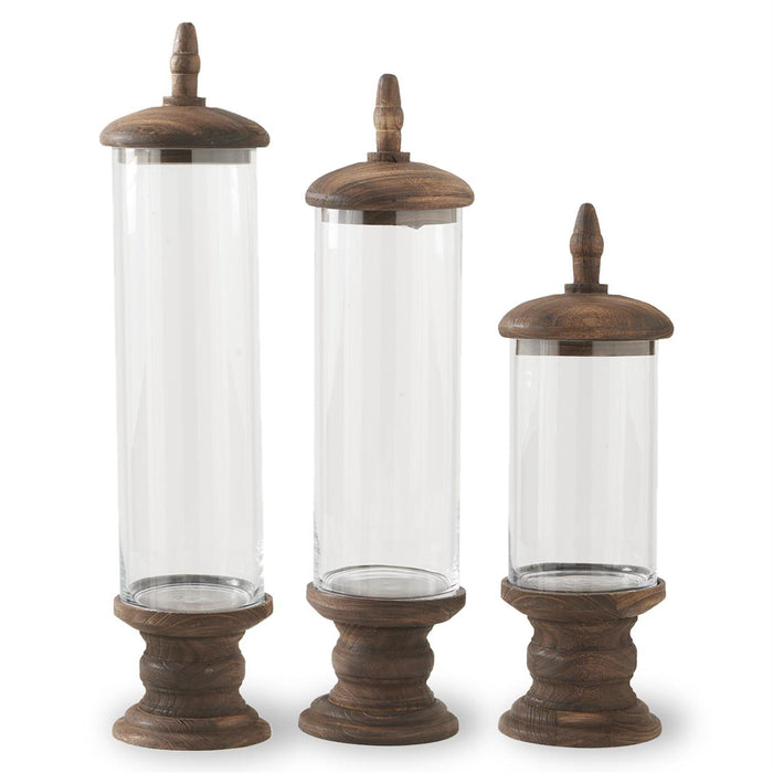 Glass Cylinder Container with Brown Wood Base
