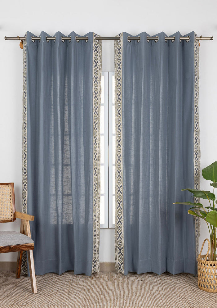 Glen Mist Blue Embroidered Trim 100% Cotton Curtain For Bedroom | Room Darkening | Single Piece