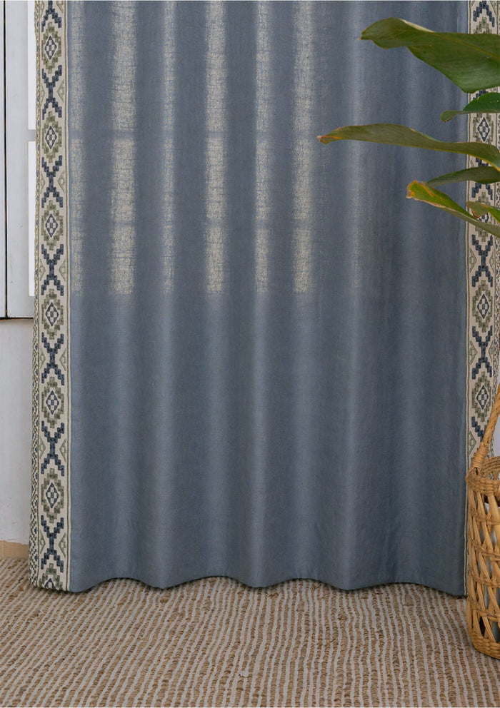 Glen Mist Blue Embroidered Trim 100% Cotton Curtain For Bedroom | Room Darkening | Single Piece
