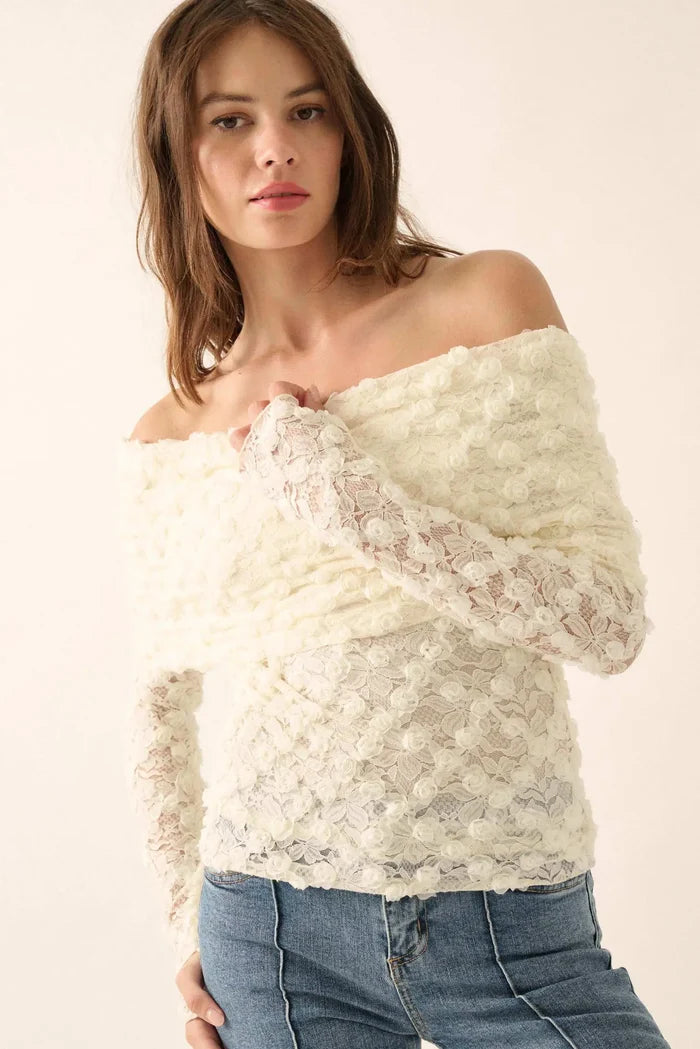 Good Graces Floral Lace Off-Shoulder Thumbhole Top - ShopPromesa