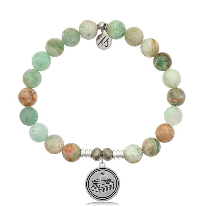 Green Quartz Stone Bracelet with Teacher Sterling Silver Charm